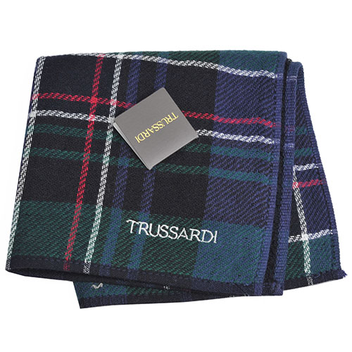 TRUSSARDI 正方格圖紋字母刺繡LOGO小方巾(綠格)