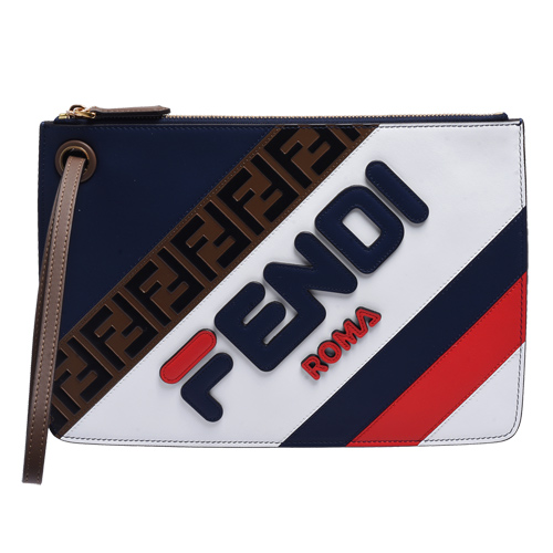 FENDI MANIA系列品牌LOGO牛皮拉鍊手拿包(中-藍X紅)