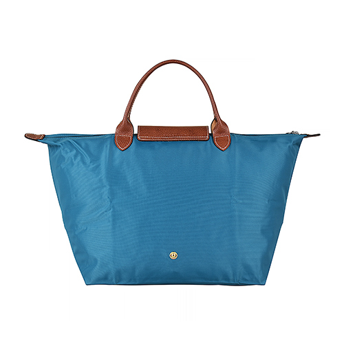 LONGCHAMP LE PLIAGE壓印LOGO短提把尼龍摺疊拉鍊手提包(中/孔雀藍)