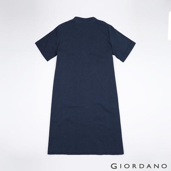 GIORDANO 女裝自然棉麻系列亨利領短袖連身裙-66 標誌海軍藍