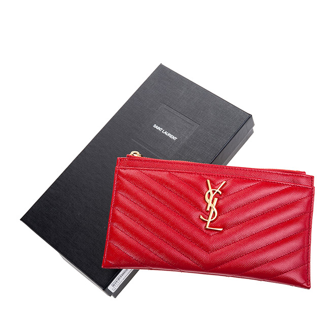 YSL 經典MONOGRAM系列V字縫線魚子醬牛皮金色LOGO拉鍊手拿包 (紅色)