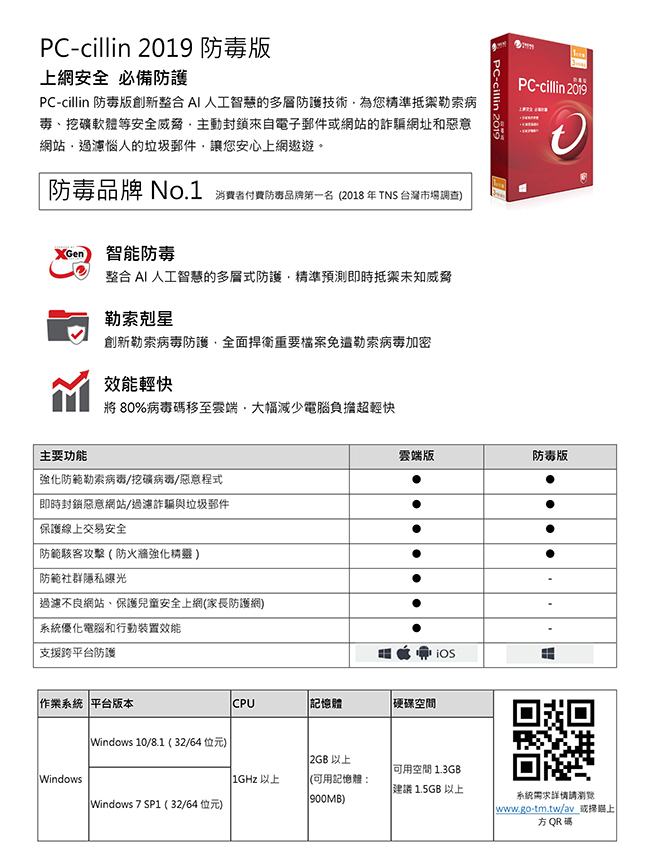 PC-cillin 2019 三年一台防毒標準版