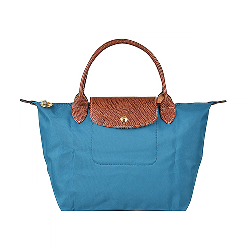 LONGCHAMP LE PLIAGE壓印LOGO短提把尼龍摺疊拉鍊手提包(小/孔雀藍)