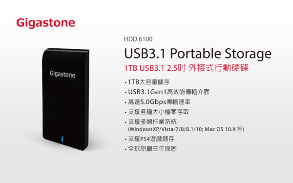 Gigastone 1TB USB3.1 2.5吋外接式行動硬碟(HDD6100)