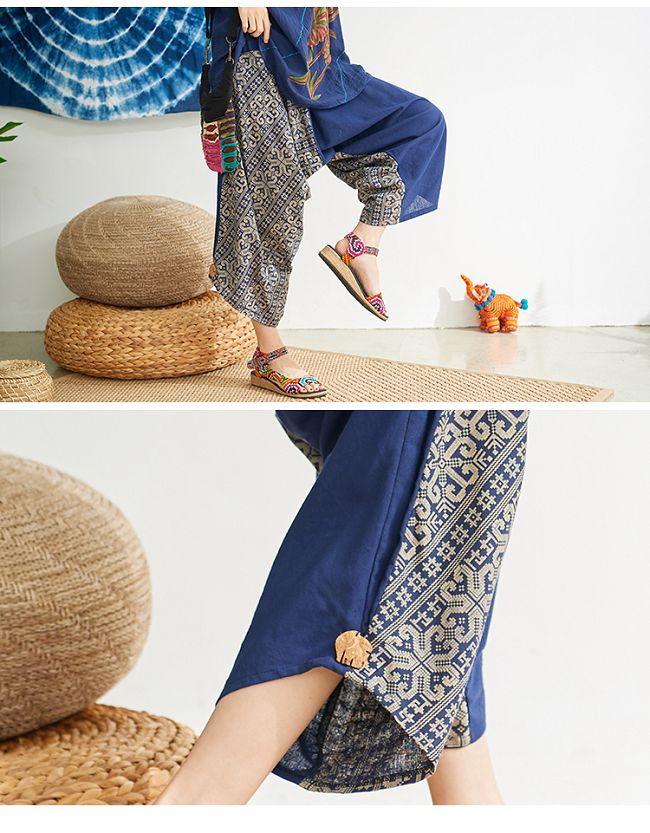 潘克拉 大象木釦圖騰織布寬管褲-藍色