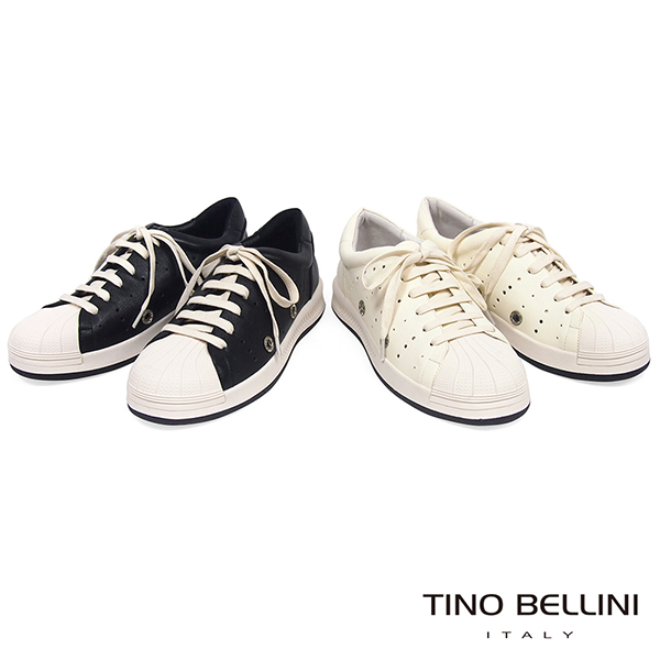 Tino Bellini 真皮拼接潮流圓沖孔厚底綁帶休閒鞋 _ 米白