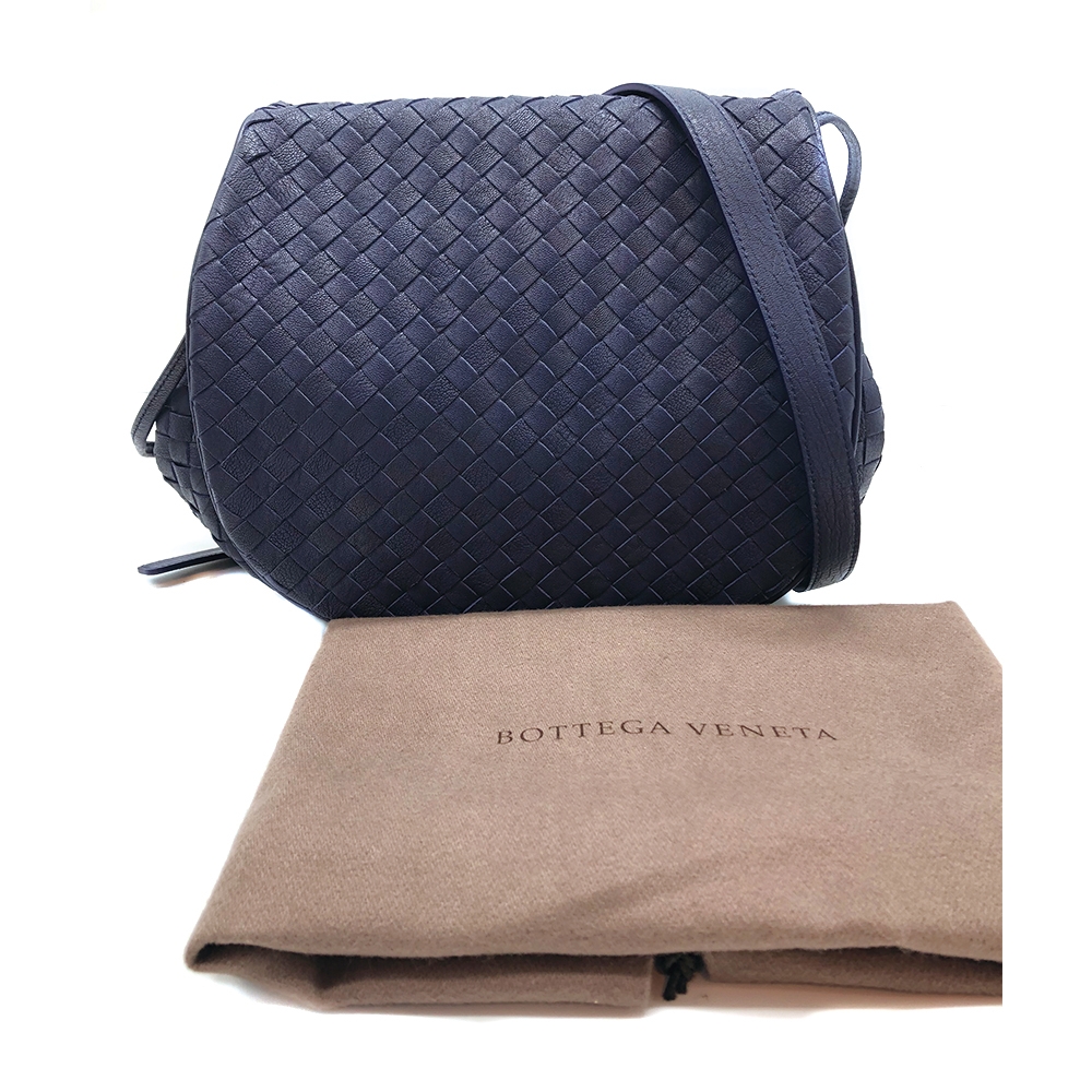 BOTTEGA VENETA 編織羊皮翻蓋斜背包-藍