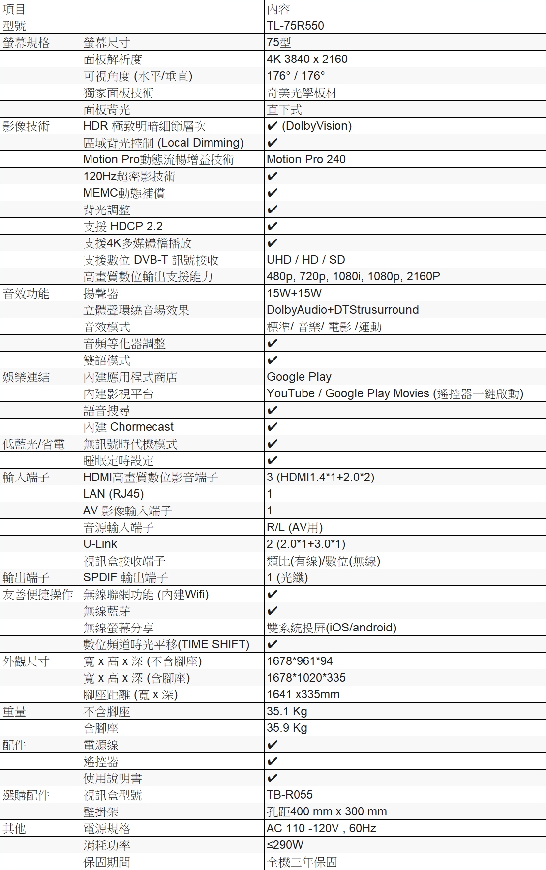 奇美CHIMEI 75吋 4K 智慧連網液晶顯示器 TL-75R550