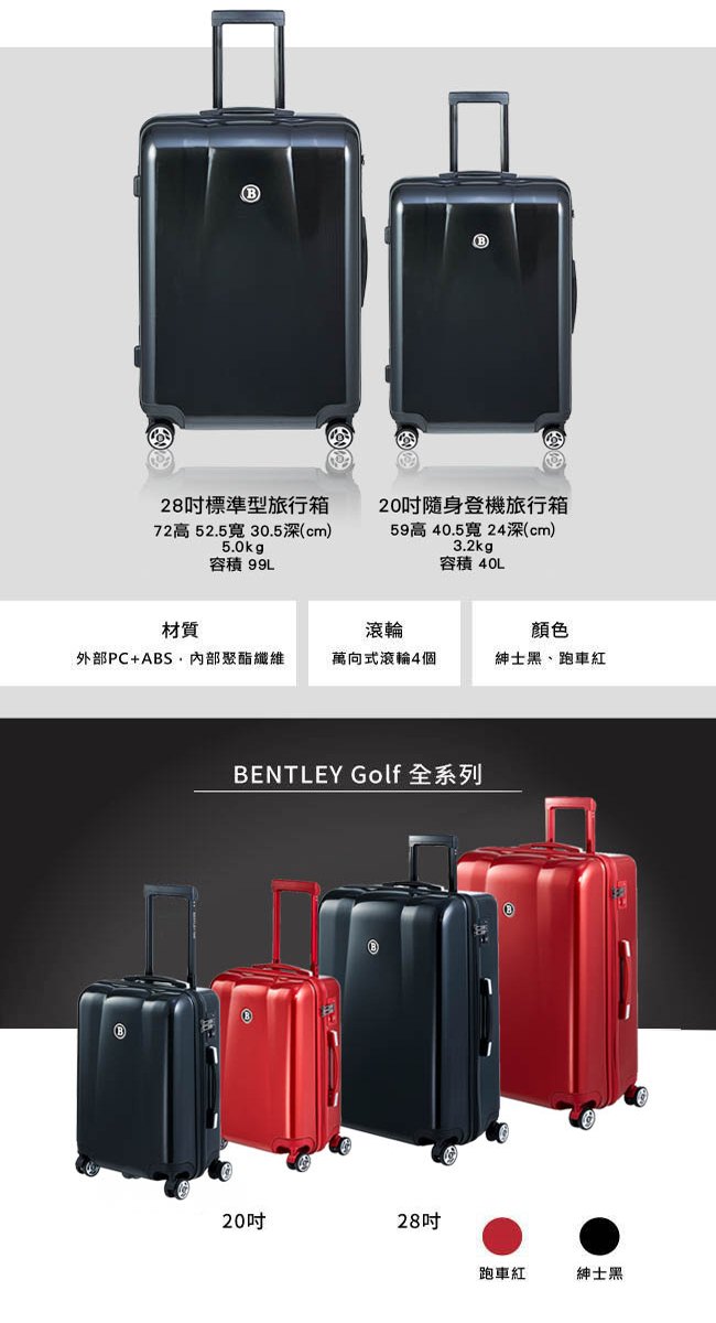 BENTLEY 28吋+20吋 PC+ABS 蜂巢纹拉鍊款輕量行李箱 二件組-黑