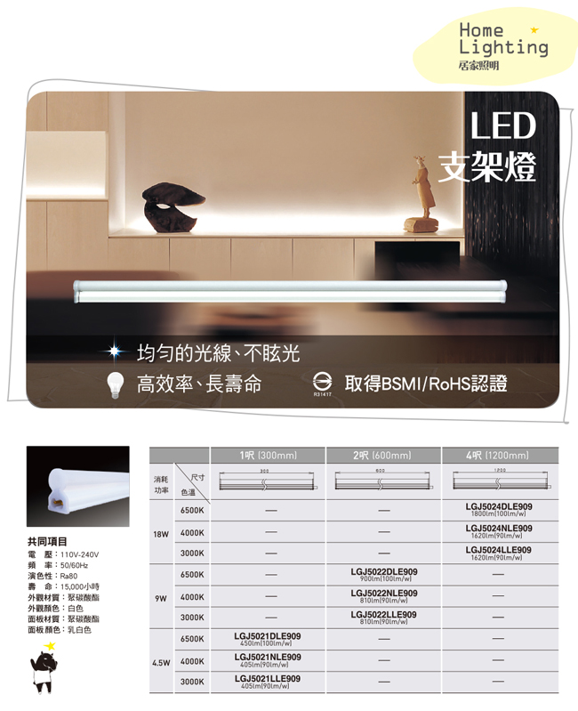 Panasonic國際牌 4入組 9W LED 2呎 T5 支架燈/層板燈-黃光