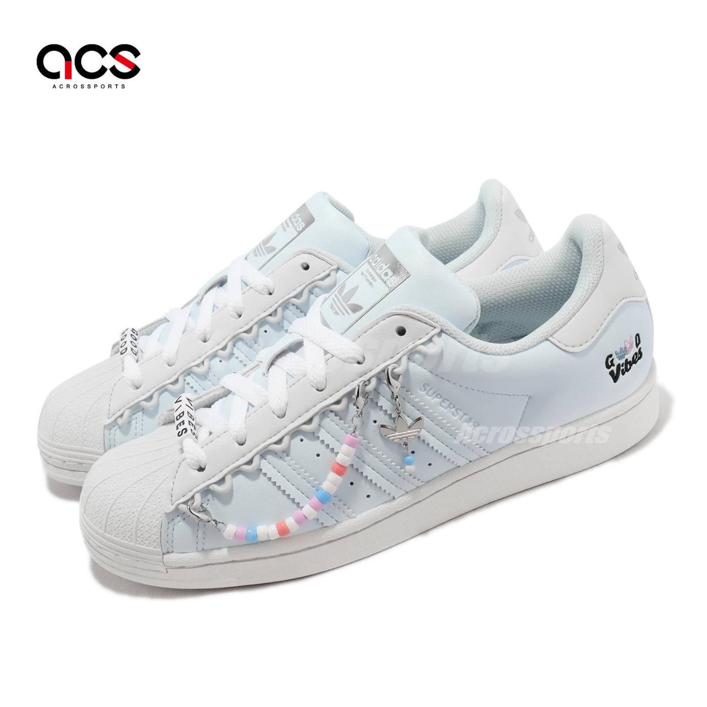 adidas 休閒鞋Superstar W 女鞋白淺藍串珠吊飾貝殼頭三葉草愛迪達 