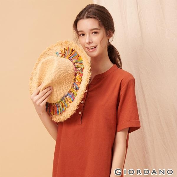 GIORDANO 女裝自然棉麻系列亨利領短袖連身裙-25 夕陽紅