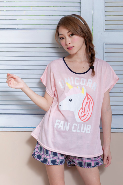 睡衣 彈性棉質短袖兩件式睡衣(C01-100560粉色獨角獸) Young Curves