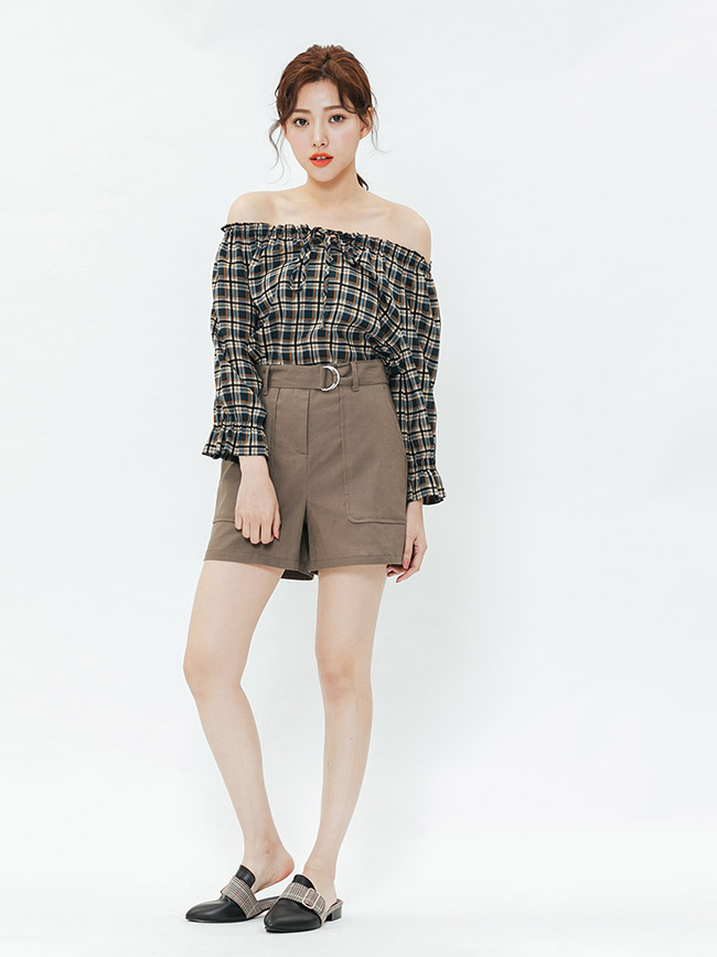 H:CONNECT 韓國品牌 女裝-休閒腰帶棉麻短褲-綠
