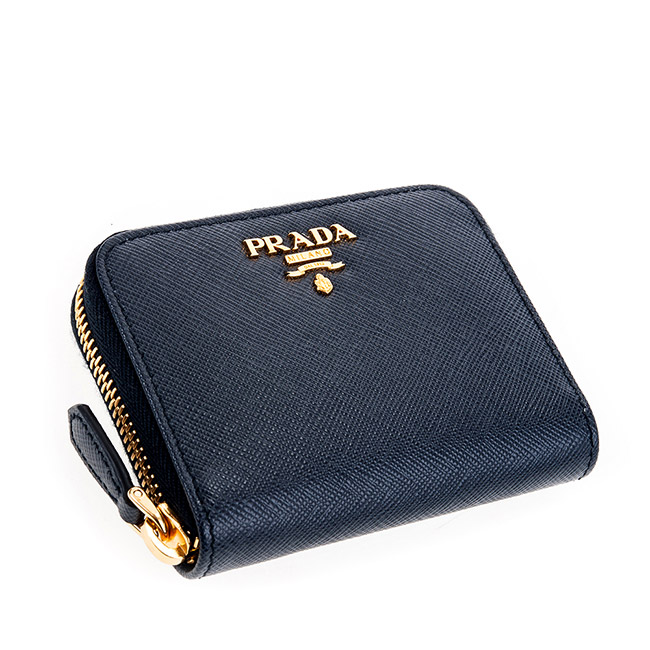 PRADA 經典Saffiano 金字LOGO十字紋牛皮拉鍊零錢包 (深藍)