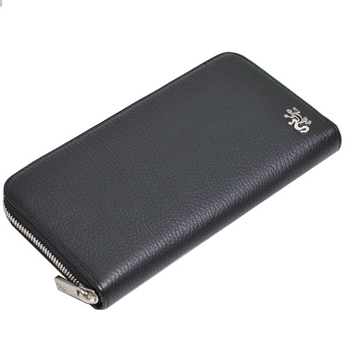 agnes b.經典品牌蜥蜴LOGO圖騰荔枝壓紋拉鍊長夾(黑)