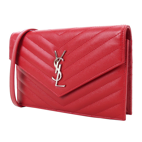 YSL MONOGRAM系列V字縫線魚子醬牛皮金屬LOGO金鍊肩背信封包(紅)