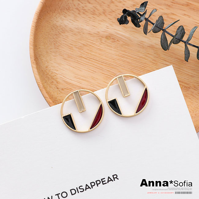 【3件5折】AnnaSofia 韓流釉彩色塊 耳針耳環(圓幾何-紅黑米系)