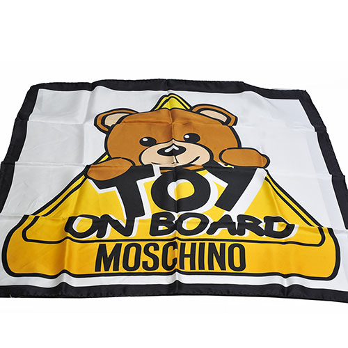 MOSCHINO 義大利TOY小熊LOGO圖騰100%絲質絲巾(黑邊白底)