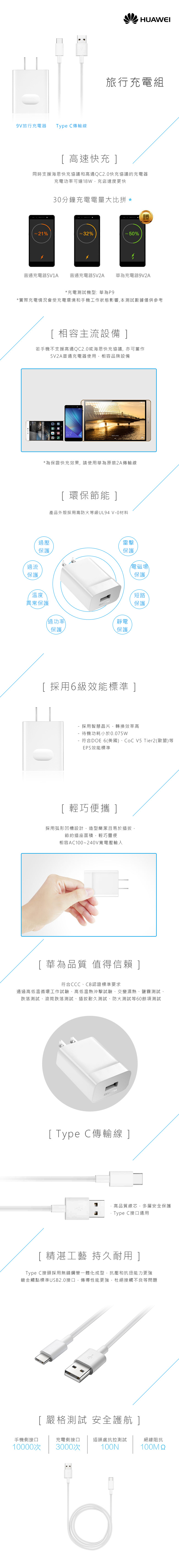 HUAWEI華為 原廠9V快充旅行充電器+Type-C傳輸充電線組 (台灣盒裝拆售款)