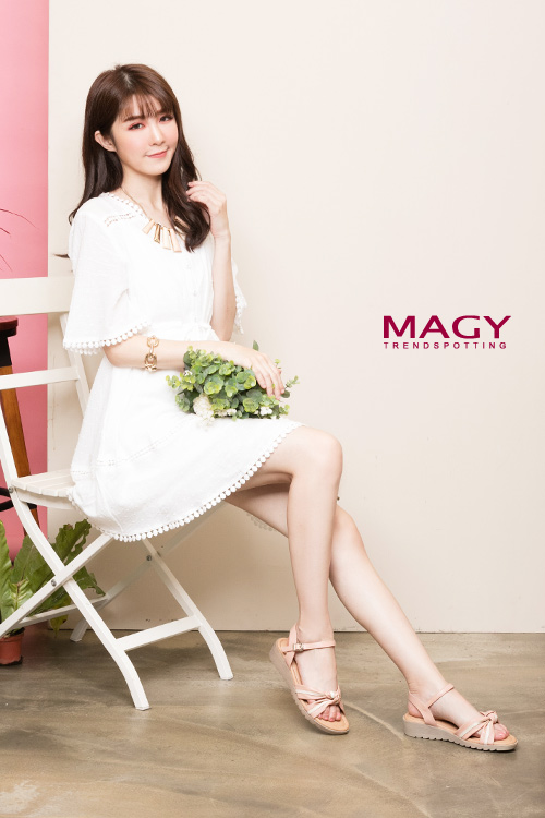 MAGY 夏日甜心 扭結交叉雙色牛皮楔型涼鞋-粉紅