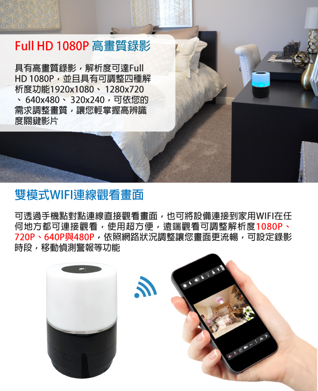 【CHICHIAU】WIFI無線網路高清1080P旋轉鏡頭七彩小夜燈造型-針孔微型攝影機