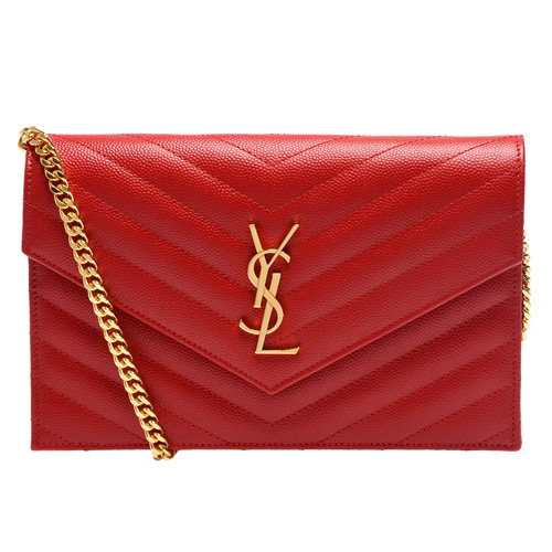 YSL MONOGRAM系列V字縫線魚子醬牛皮金屬LOGO金鍊手拿/肩背包(中國紅)