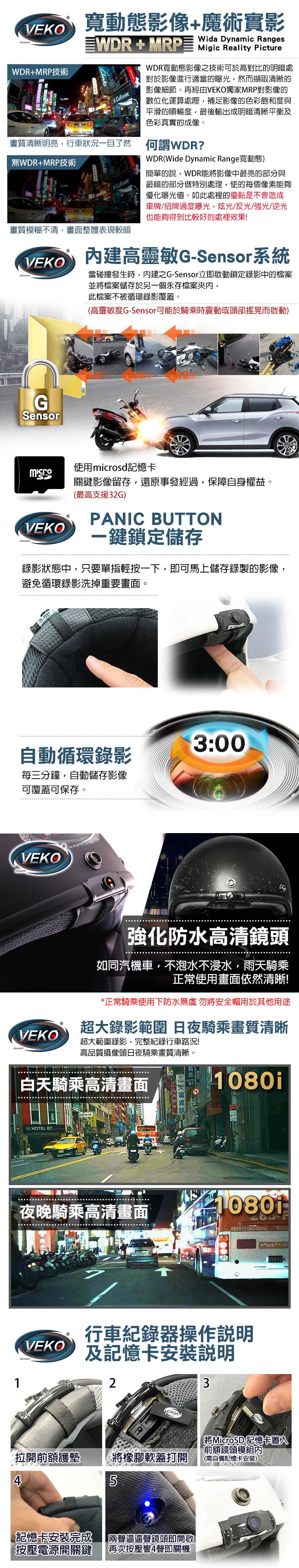 VEKO二代隱裝式1080i行車紀錄器+內建雙聲道藍芽通訊安全帽(珠光白)