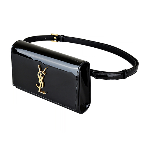 YSL SAINT LAURENT經典金字LOGO漆皮釦式腰包(黑)