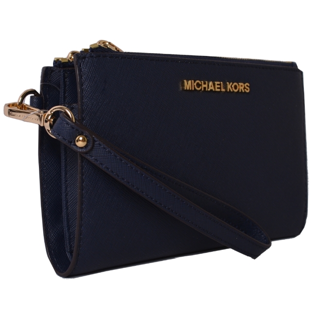 MICHAEL KORS JET SET金字LOGO防刮皮革雙層手拿長夾-深藍