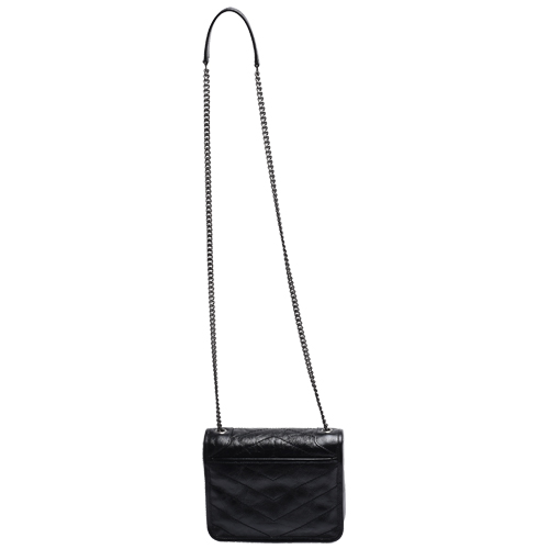 YSL 經典NIKI系列黑色金屬LOGO霧銀鍊牛皮翻蓋斜背包(黑)