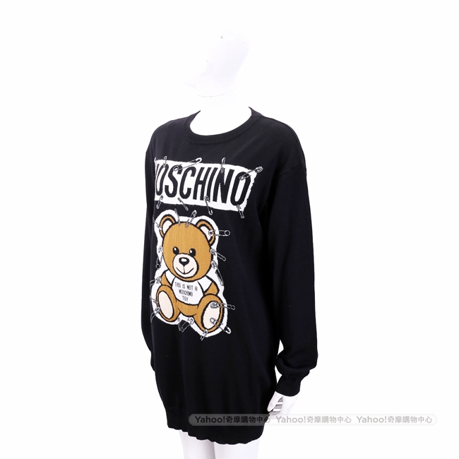 MOSCHINO 別針泰迪熊印花黑色長版羊毛衫