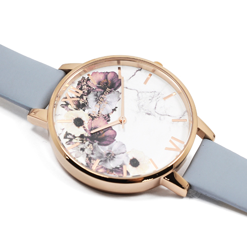 Olivia Burton 英倫復古手錶 大理石花卉紋路 粉藍色真皮錶帶玫瑰金框38mm