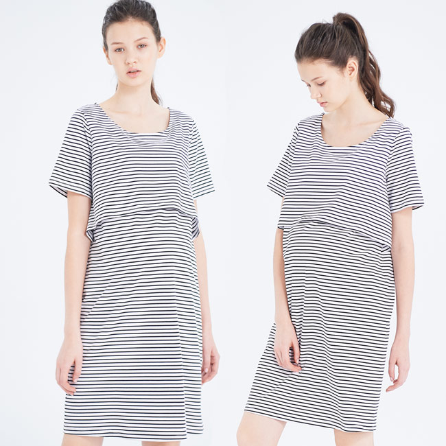 Gennies奇妮-假兩件式哺乳孕婦洋裝(T1H04)-黑白條紋
