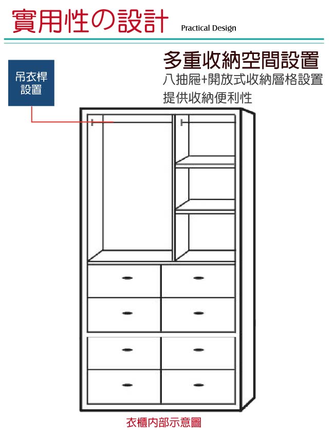 綠活居 毛利斯時尚4.1尺實木八抽衣櫃/收納櫃-124x55x220cm免組