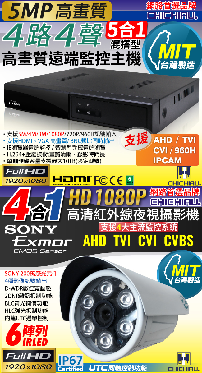 奇巧 4路五合一 5MP台製數位監控主機-含SONY 1080P監視攝影機*4