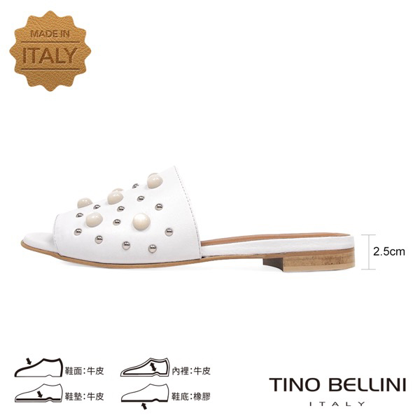 Tino Bellini 義大利進口珍珠MIX鉚釘真皮涼拖鞋 _ 白