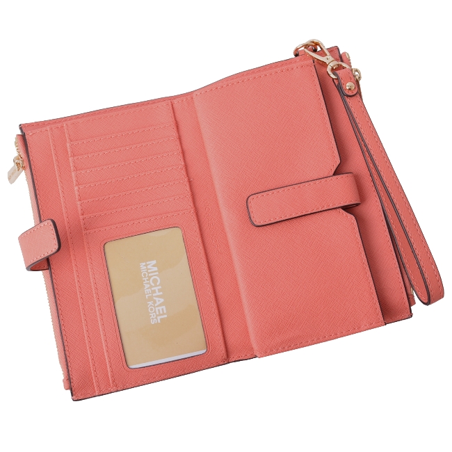 MICHAEL KORS JET SET金字LOGO防刮皮革雙層手拿長夾-蜜桃粉