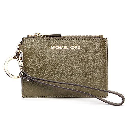 MICHAEL KORS Mercer 金LOGO荔枝紋皮革證件零錢手拿包-橄欖綠色