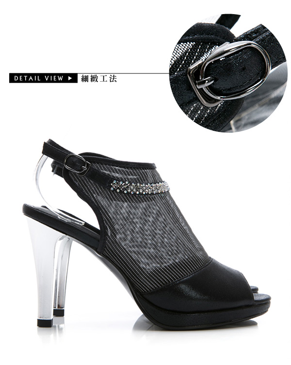 GDC-性感真皮網紗簍空魚口涼鞋-黑色