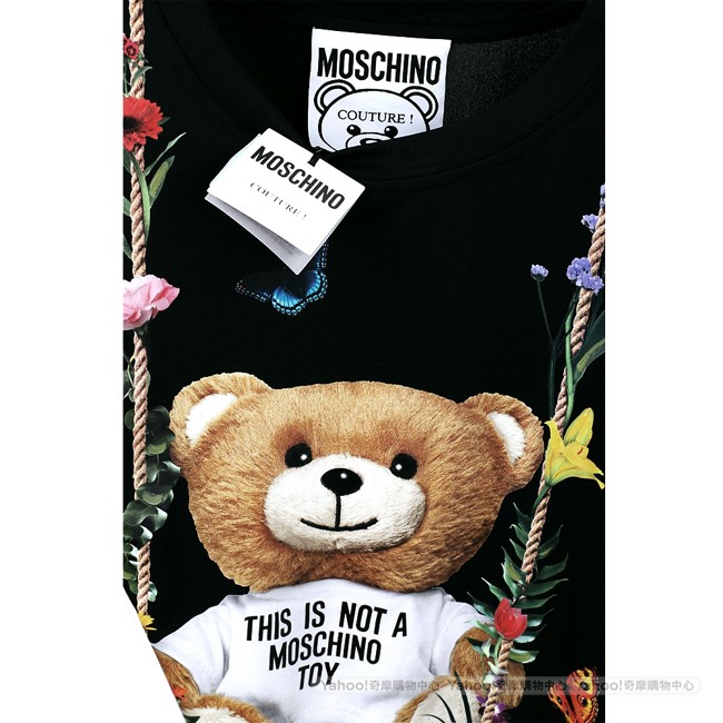 MOSCHINO 花朵鞦韆泰迪熊黑色絲質T恤