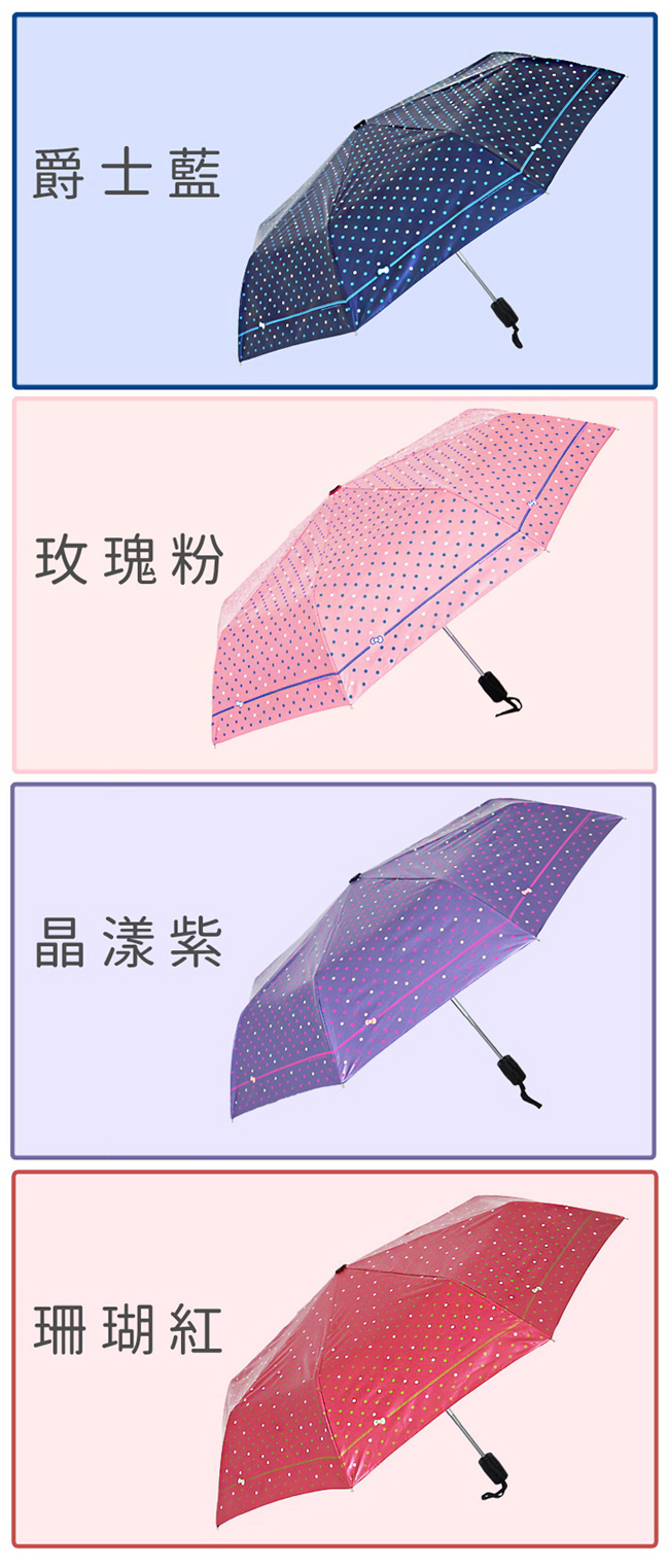 【雙龍牌】降溫14度凱蒂風圓點超輕黑膠自動開收傘B8089