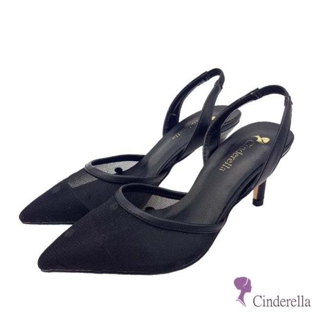 Cinderella Fashions 波點網紗拼接勾跟中跟鞋-黑色