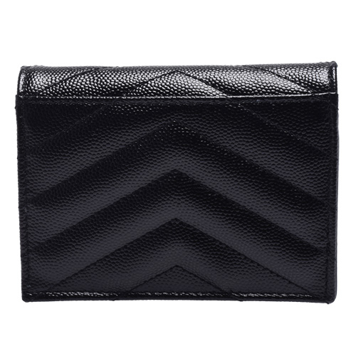 YSL MONOGRAM系列金色LOGO V字縫線魚子醬牛皮暗釦對折短夾(黑)