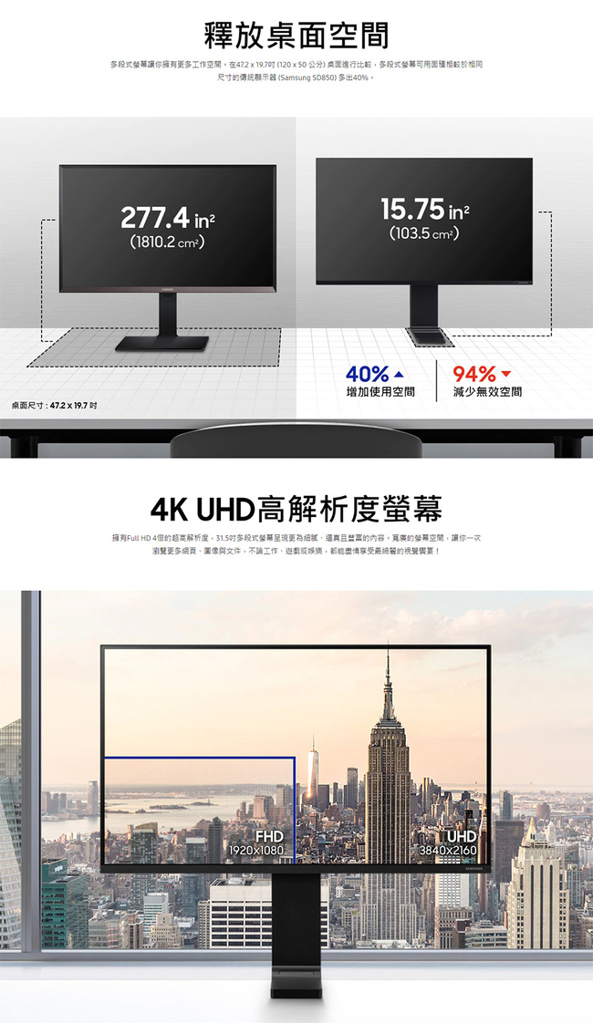 [無卡分期12期]Samsung Space S32R750UEC 32型UHD多段式液晶螢幕