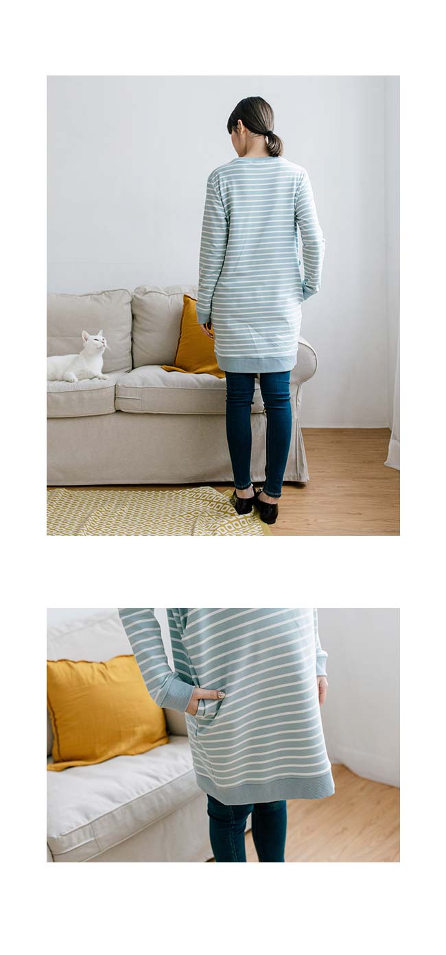 日系小媽咪孕婦裝-哺乳衣~自然系配色橫條羅紋長版上衣 (共四色)