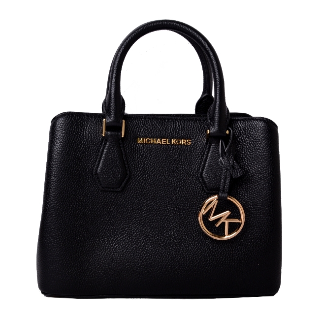 MICHAEL KORS CAMILLE金字LOGO荔枝皮三層手提/斜背包-黑(小)