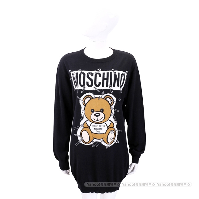 MOSCHINO 別針泰迪熊印花黑色長版羊毛衫