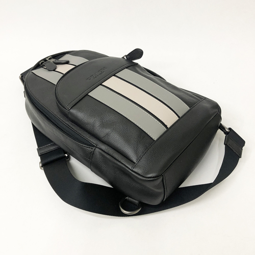 COACH 2019新款直紋配色皮革男款雙層單肩背包胸前包(灰白直紋)