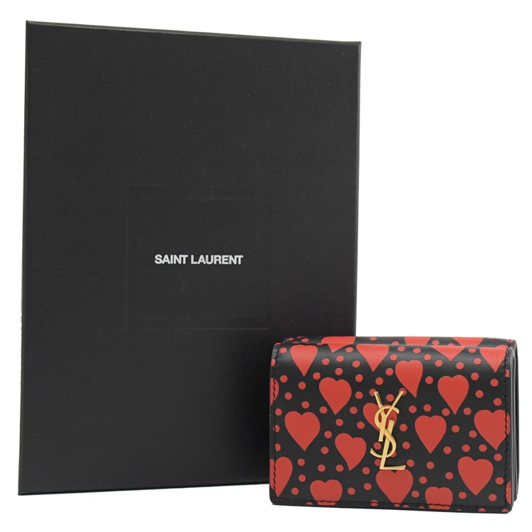 YSL Saint Laurent 金屬LOGO愛心圖樣牛皮三折釦式小短夾(黑紅) | 歐系